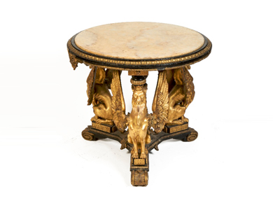 A Victorian giltwood and gesso ebonised centre table, with alabaster top -Sold for €5,600