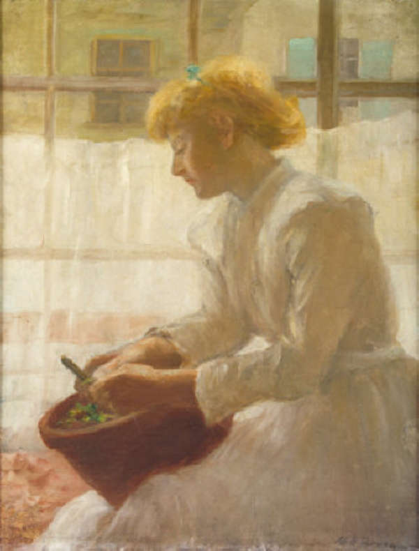 Mary Kate Benson (d.1912) Shelling Peas Oil on can..., Fine Irish Art at Adams Auctioneers