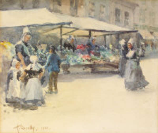 Harry Scully RHA 1863-1935) Breton Market Scene Wa..., Fine Irish Art at Adams Auctioneers
