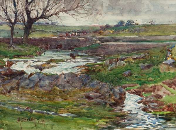 Harry Scully RHA (c.1863-1935)The WeirWatercolour,..., Fine Irish Art at Adams Auctioneers