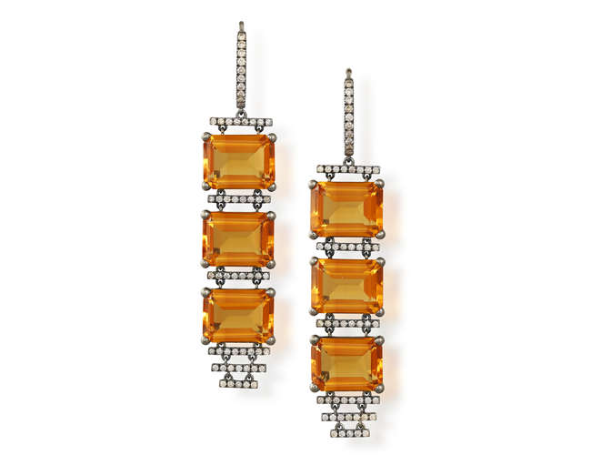A PAIR OF MADEIRA CITRINE AND DIAMOND PENDENT EARRINGS, BY FANNY BLANCHELANDE