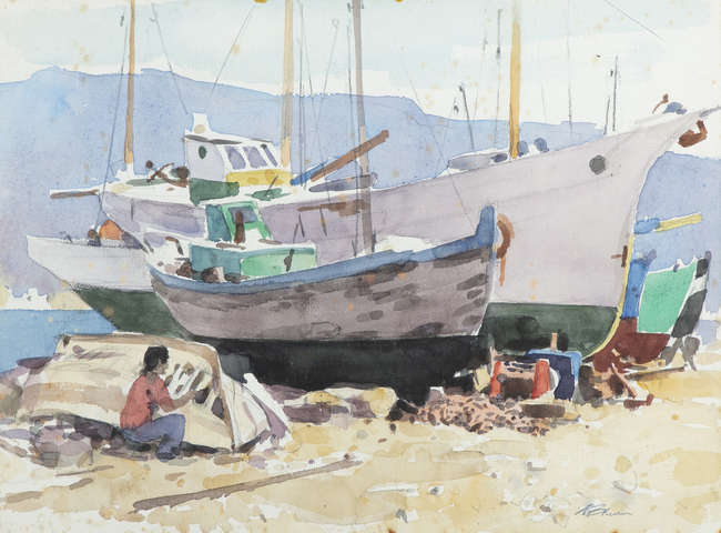 GERALD BRUEN (1908 -2004)
Boatyard
Watercolour, 30..., Fine Irish Art at Adams Auctioneers