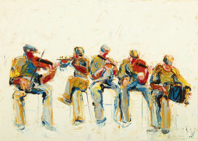 John B. Vallely (b.1941)
Five Musicians
Oil on c..., Fine Irish Art at Adams Auctioneers