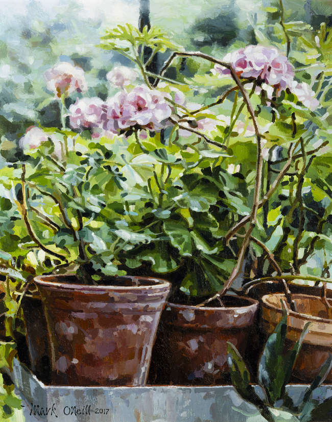 Mark O'Neill (b.1963) 
Geraniums 
Oil on board, ..., Fine Irish Art at Adams Auctioneers