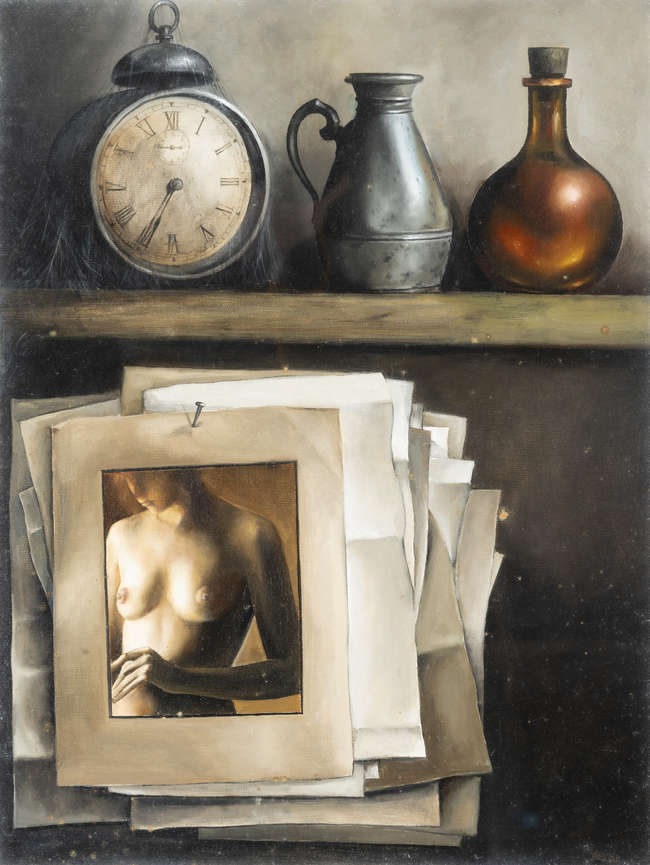 Liam Belton RHA (B.1947) 
Still Life with Clock, ..., Fine Irish Art at Adams Auctioneers