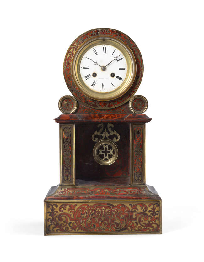A FRENCH BOULLE AND GILT METAL MOUNTED MANTEL CLOC..., Fine Irish Art at Adams Auctioneers