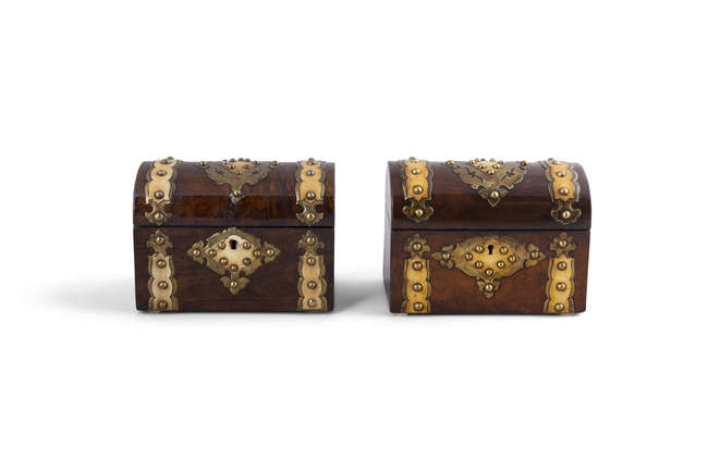 A PAIR OF VICTORIAN WALNUT AND BRASS MOUNTED TEA C..., Fine Irish Art at Adams Auctioneers