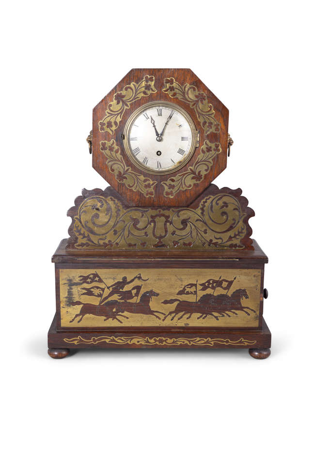 A REGENCY ROSEWOOD AND BRASS INLAID MANTEL CLOCK, ..., Fine Irish Art at Adams Auctioneers
