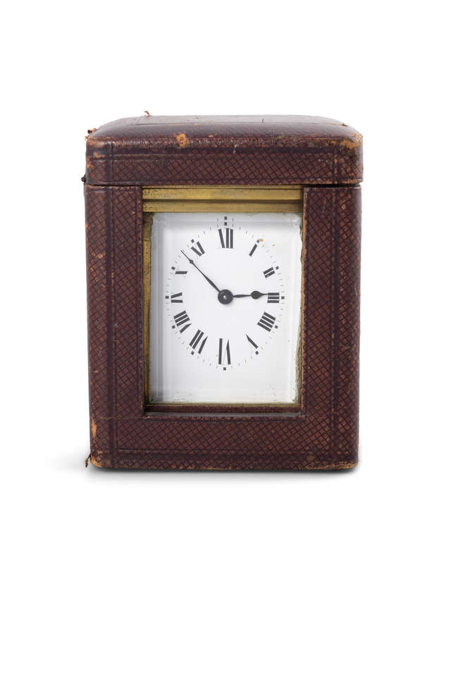 A FRENCH BRASS CARRIAGE CLOCK, 

with arched car..., Fine Irish Art at Adams Auctioneers