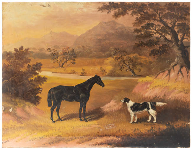 SAMUEL SPODE (1798-1858) 
Black hunter and a dog ..., Fine Irish Art at Adams Auctioneers