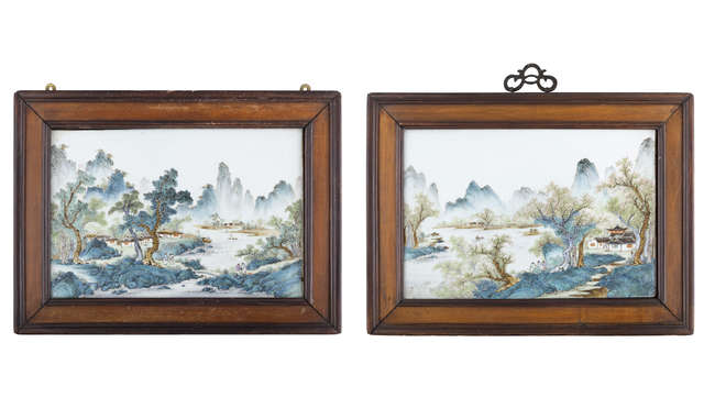 TWO FAMILLE ROSE 'LANDSCAPE' PANELS