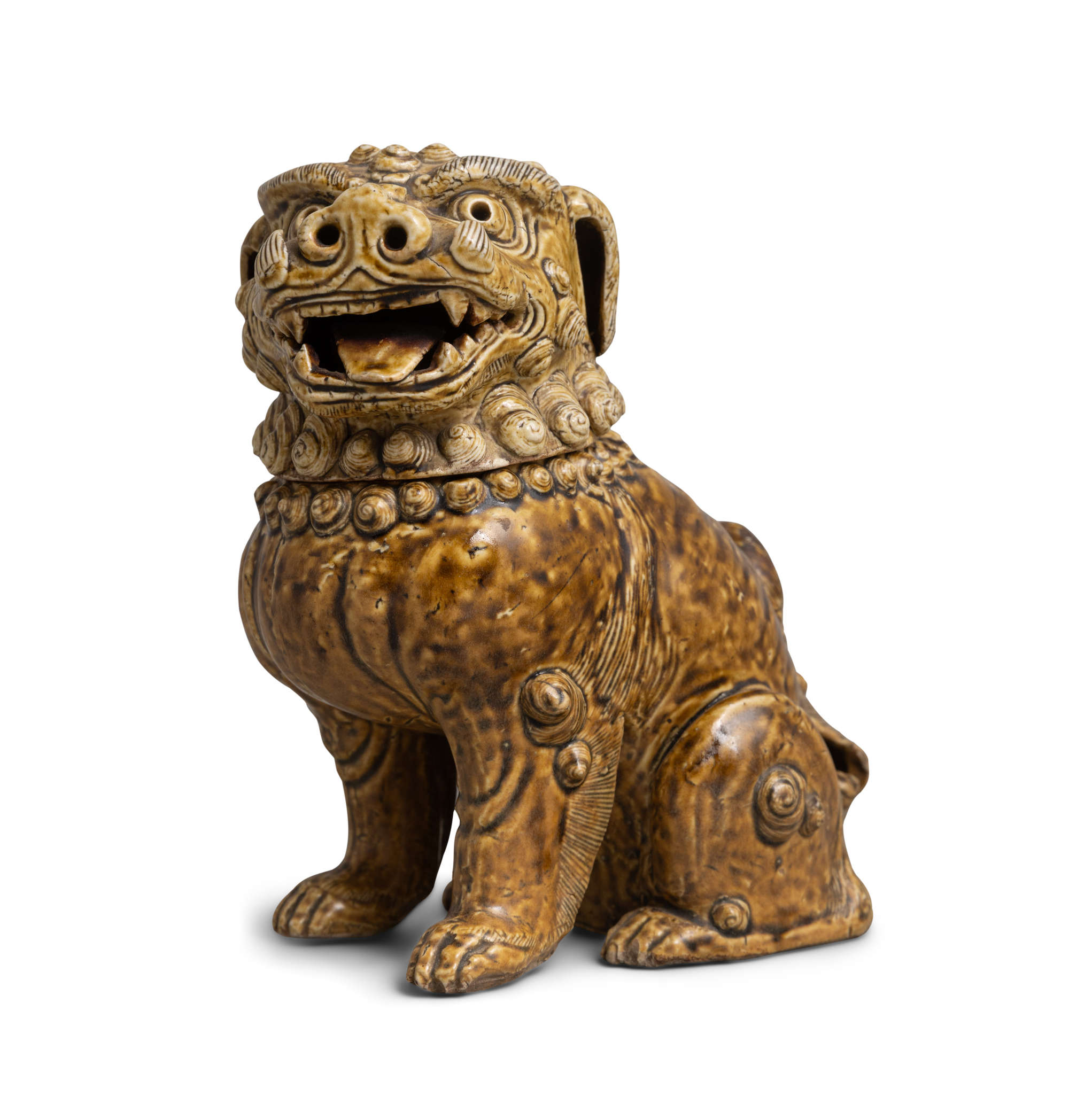 LOT:248 | A BROWN GLAZED LION SHAPE INCENSE BURNER 明代棕釉坐狮形